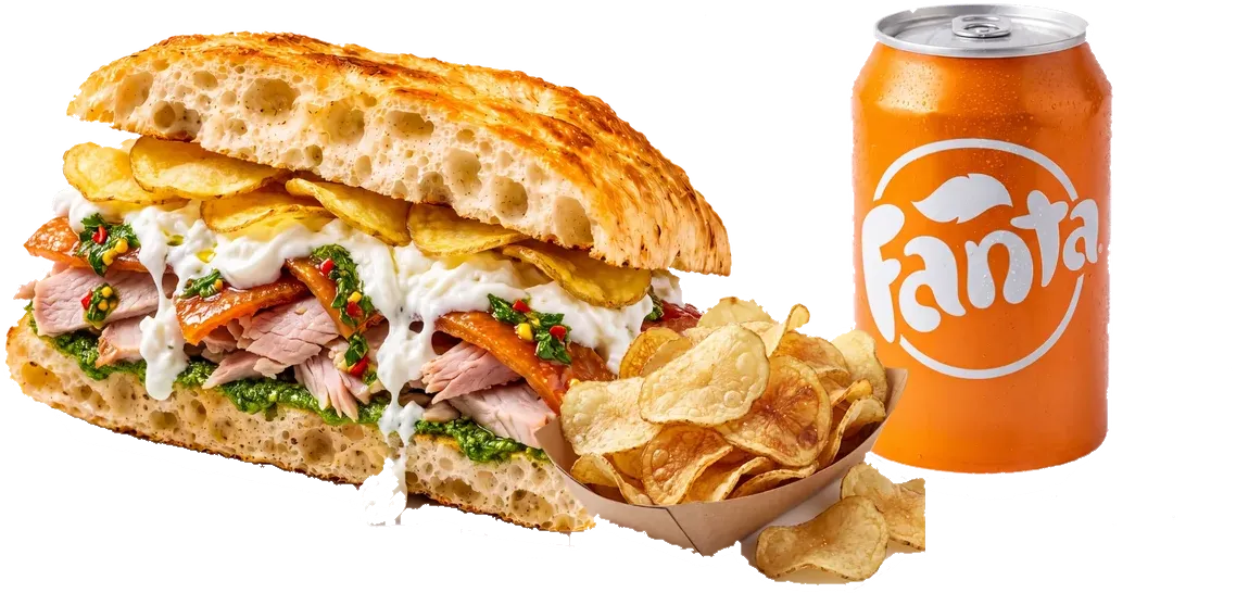 Meniu Porchetta & Burrata: Porchetta & Burrata, cartofi chips de casă și o băutură de 330 ml.