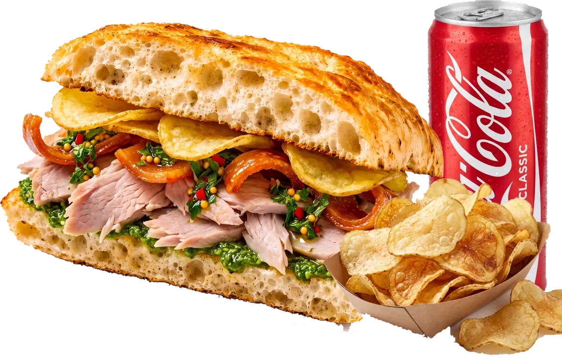 Meniu Porchetta Clasic: Panino con Porchetta, cartofi chips de casă și o băutură de 330 ml.