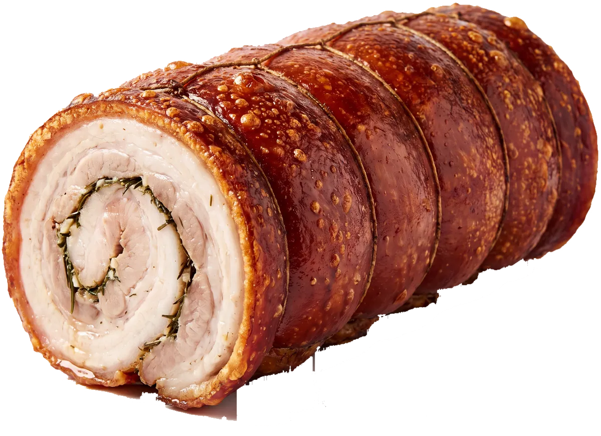Porchetta întreagă, cu crustă rumenită